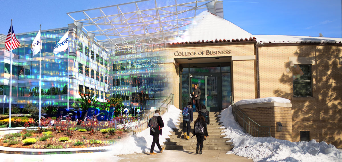 Photo illustration of CSU's College of Business and PayPal's headquarters