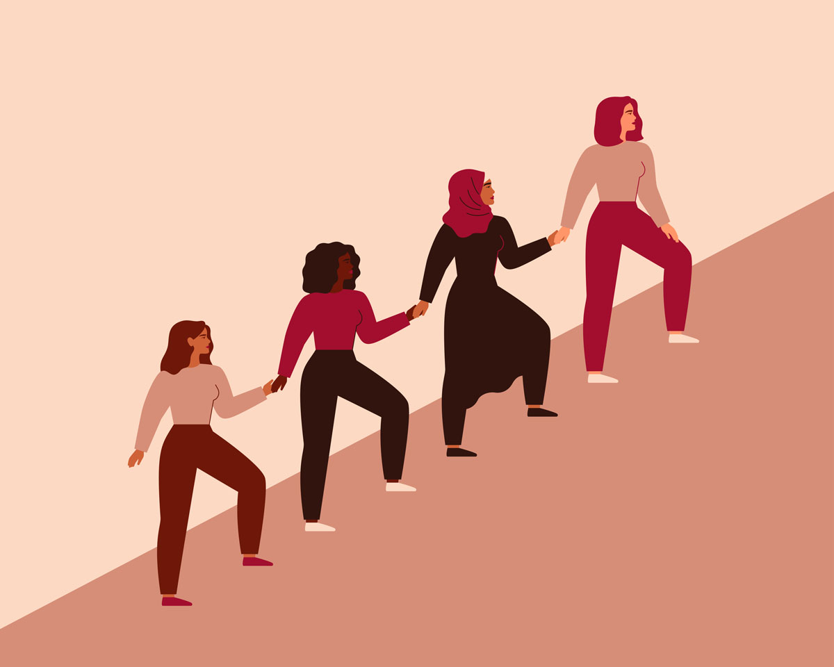 Illustration of women holding hands walking up a hill