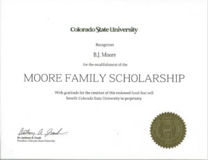 Colorado State University certificate for the establishment of the Moore Family Scholarship
