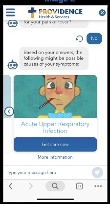 Screenshot of the Providence health bot chat with information on acuter upper respiratory infection centered on the screen