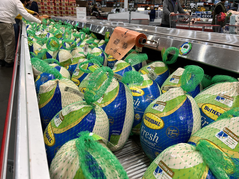 A grocery store display of frozen turkeys.
