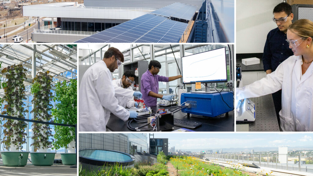 A collage showing solar panels, a rooftop garden, hydrophonics and more