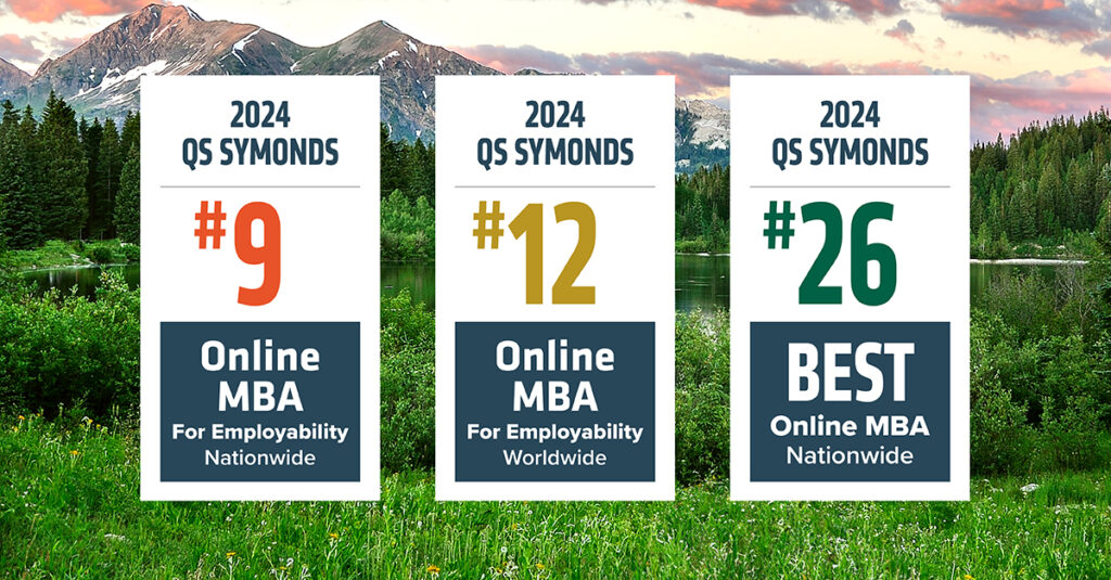 CSU College of Business QS rankings graphic: #9 Online MBA for employability nationwide, #12 Online MBA for employability worldwide, #26 best Online MBA nationwide